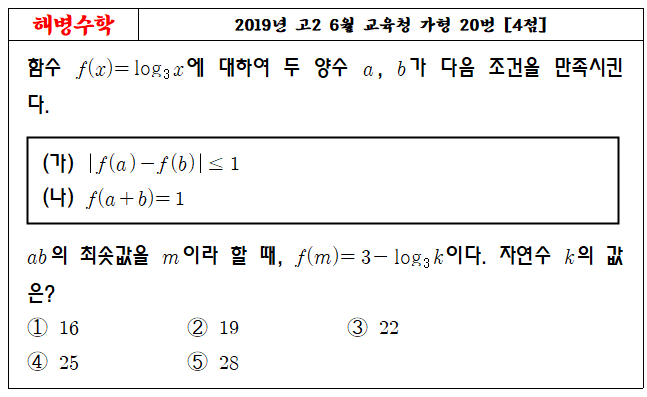 2019년 고2 6월 교육청 가형 20번